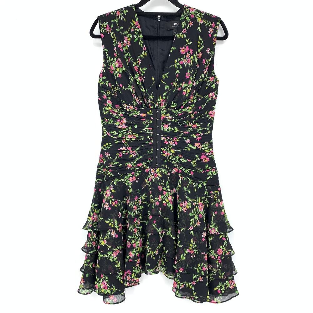 Jill Jill Stuart Dress Women's Sz 8 Floral Corset Ruffle Tiered Mini Black Pink